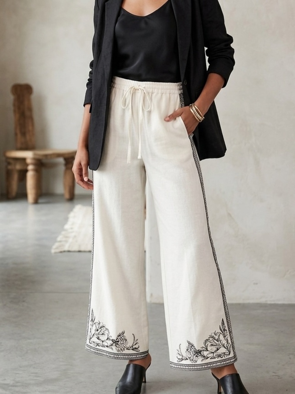 Max Studio White Wide-Leg Pants with Black Floral Trim